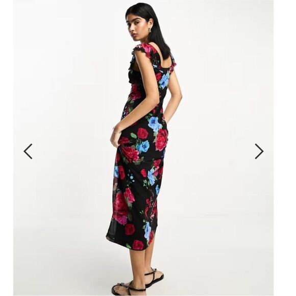 ASOS DESIGN Frilly Flutter Sleeve Dark Floral Whimsigoth Midi Maxi Dress Size 10 - Picture 10 of 12